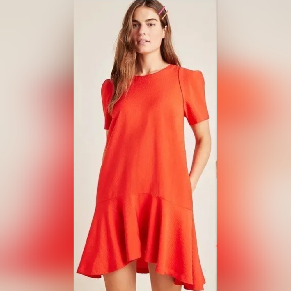 Anthropologie Maeve Dress  Women Size 4 Red Rousseau Short Sleeve Flounce Shift